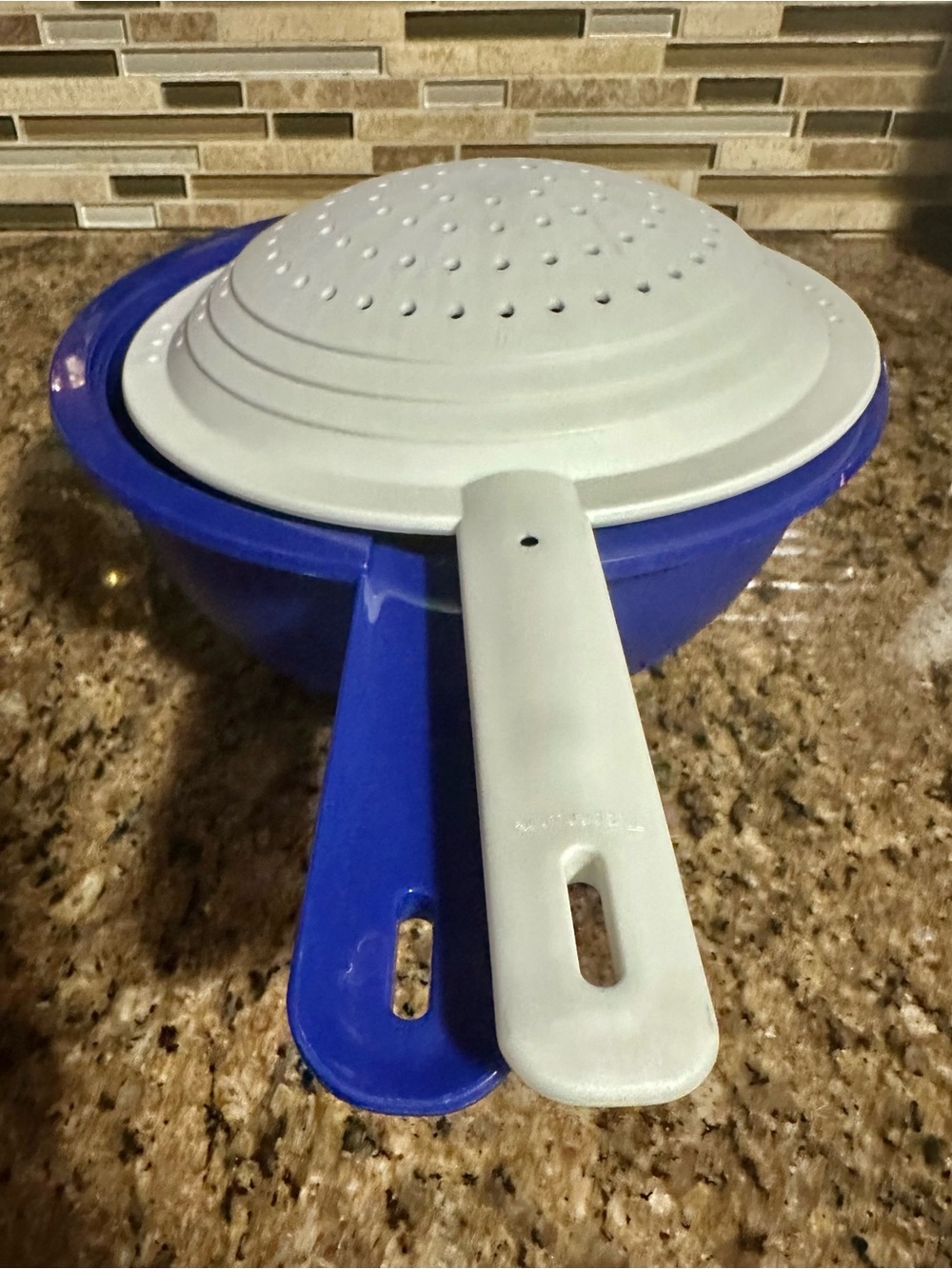 Tupperware Double Colander ~ set of 2 with Handle ~ Cobalt Blue